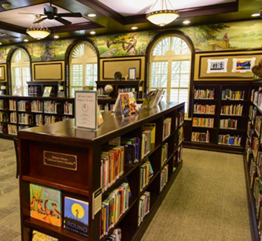 View of book shelves at the library