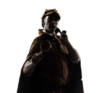 Sherlock Homes, man in hunting cap and tweed cae with a pipe and eyeglass