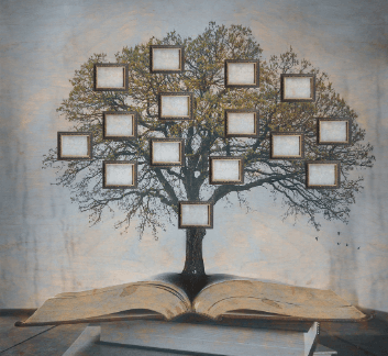 Large tree with frames for family names. tree is sprouted out of books.