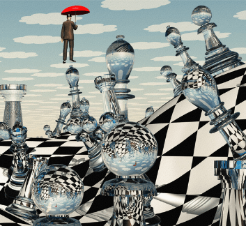 surreal art image of a warped chess board with glass pieces, and a man floating with an umbrella