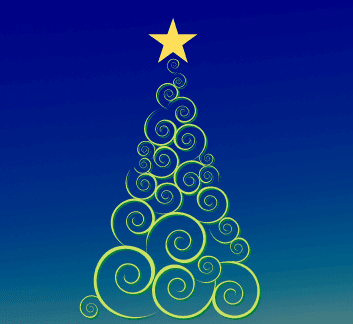 swirled evergreen tree with a star at the top, dark blue background
