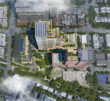 Aerial view of high-rise buildings and streets in Dallas, TX