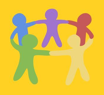 Colorful stick figures holding hands in front of a yellow background.