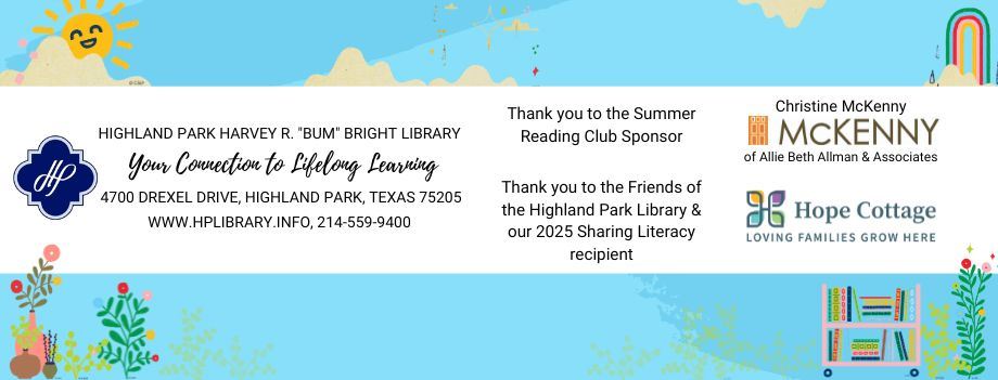 Blue background with rainbows, clouds, and asun. White text box with the Library and sponsor names.