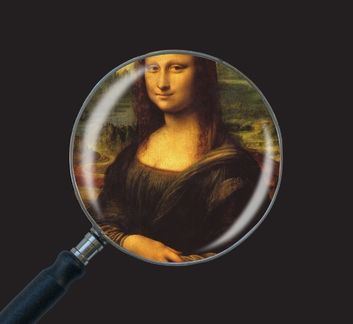 Black background. Magnifying glass with the Mona Lisa pictured within it.