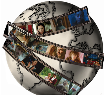 A globe with film wrapped around it. Images of people in the slides of the film.
