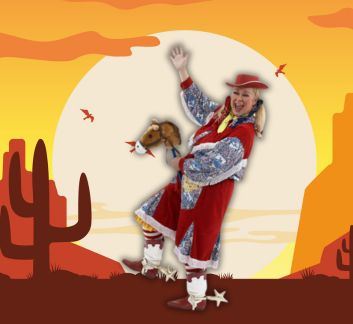 Orange and yellow desert background. Cowgirl in foreground holding a stick pony.