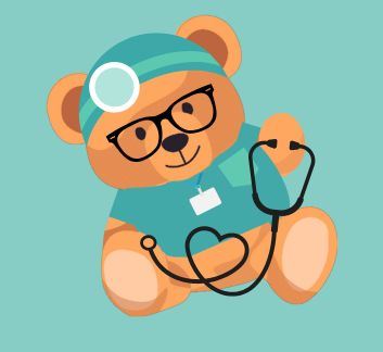Teal background with bear dressed in a dark teal nurse outfit.