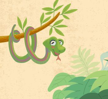 Tan background, cartoon-style foliage and snake in foreground.